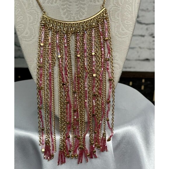Carol Dauplaise Gold-Tone Pink Beaded Chain Fringe Statement Necklace - Picture 2 of 5